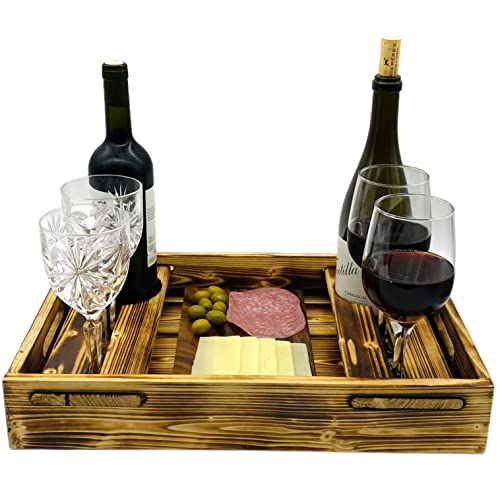 Wrightmart Wood Serving Tray with Wine Bottle and Glass Holder, Acacia Charcuterie Board, and Cut-Out Handles - Holds 2 Bottles and 4 Glasses, Fits Champagne Size Bottle