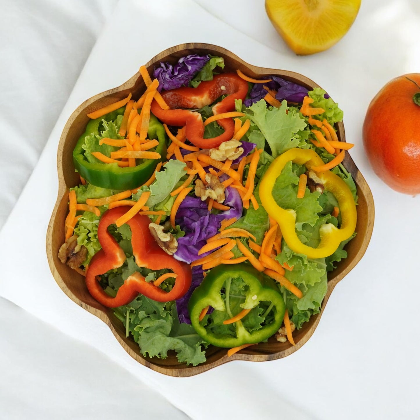 WRIGHTMART Round Wood Serving Bowl, for Food, Salad, Fruit, Popcorn, Decorative Display, Hand Turned Acacia Dinnerware, Scalloped Shaped, for the Dining Table and Kitchen