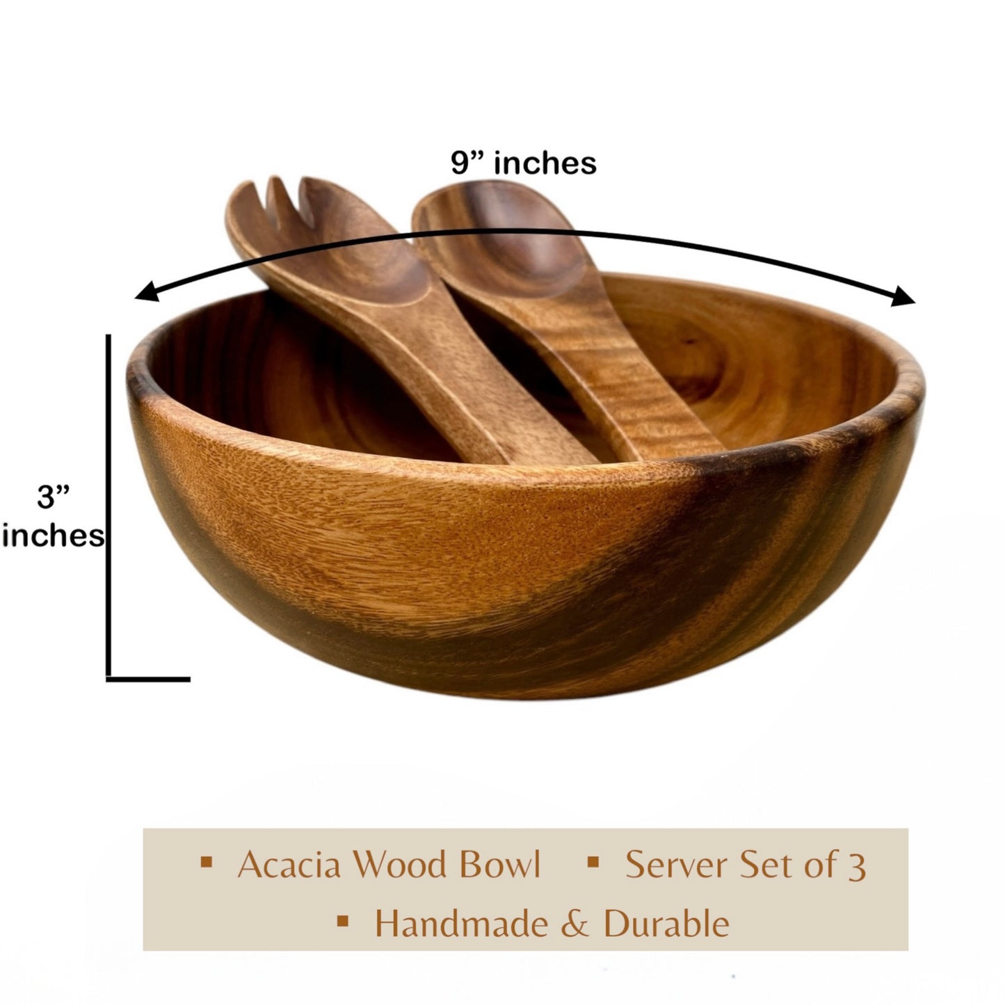 Acacia Wood Bowl, 9" with 2 Servers, Handcrafted Round Salad Bowl Set