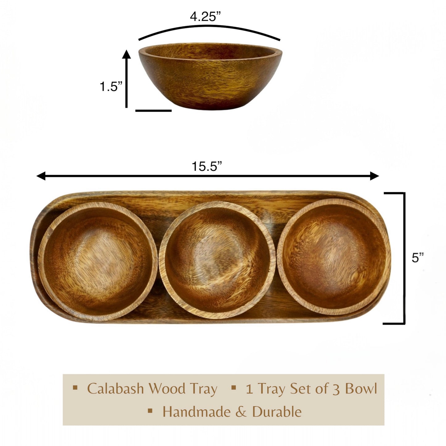 Acacia Wood Bowls, 4.25" Set of 3 with Tray, Calabash Style, Handcrafted Round Wood Bowls