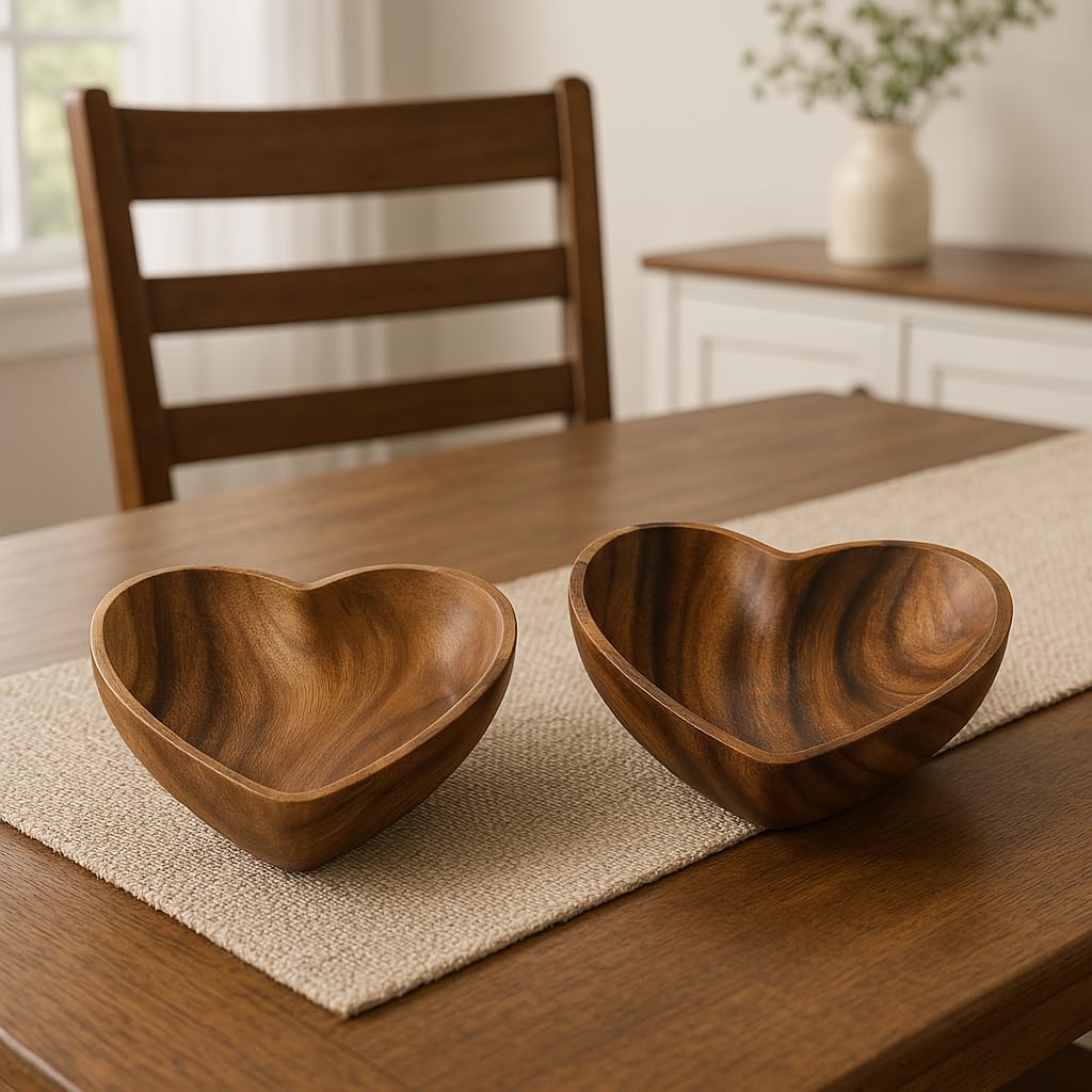 WRIGHTMART Wooden Bowl Set of 2, Heart Shaped, Versatile Bowls for Serving Salads, Nut Mixes, or as Catchall for Jewelry, Rings, and Coins, Durable Acacia Wood Construction, Handcarved