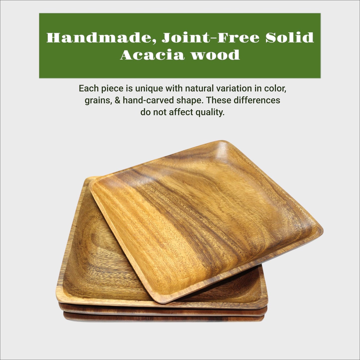Acacia Wood Square Plates, 12 x 12 Inch, Handmade Solid Wood Dinnerware