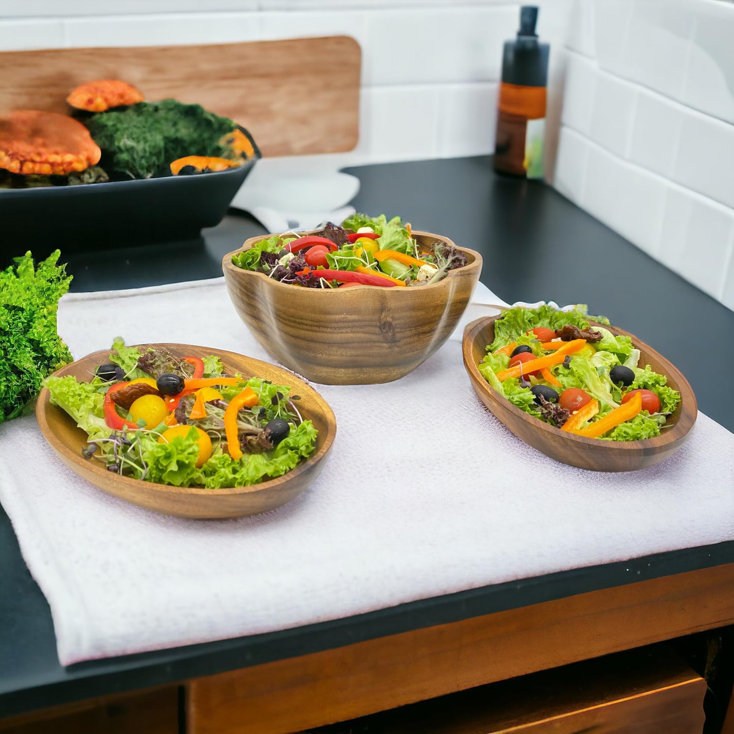 WRIGHTMART Oval Acacia Wood Serving Bowl Set of 3, Handcrafted, Rustic, Durable, Sustainably Sourced, Salad or Fruit Bowl for Kitchen Counter, Decorative Tabletop Centrepiece, 1 Large, 2 Small Bowl