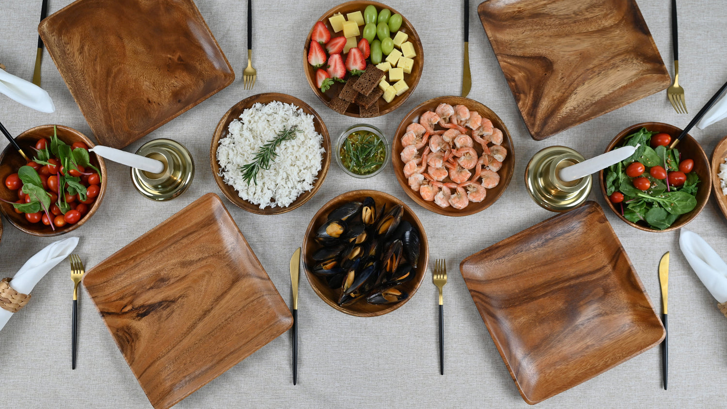 Acacia Wood Plate and Bowl Dining Setting Wooden Bowls and Food Plates