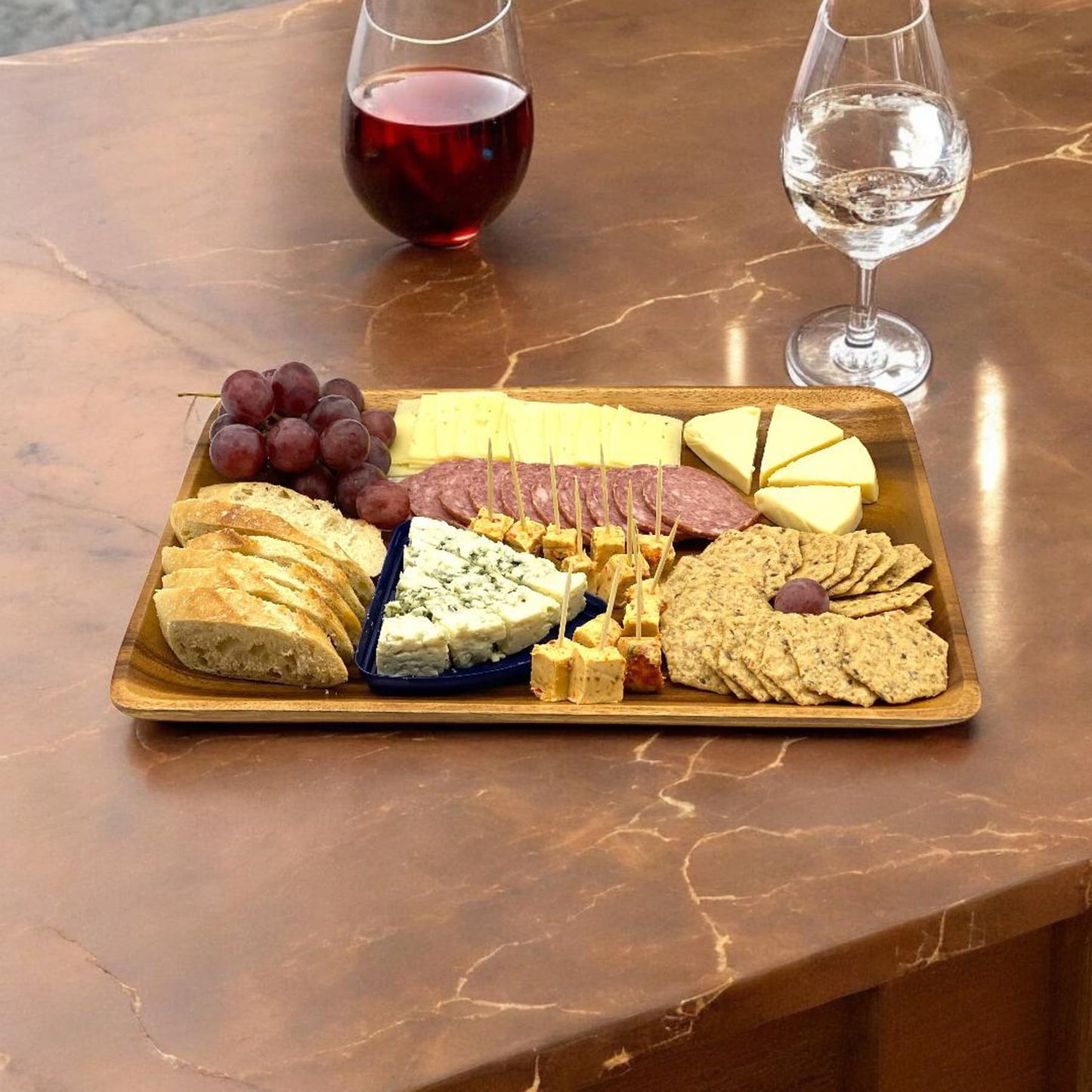 Wrightmart Acacia Wood Cheese Tray and Serving Board with Handles – Large Round Charcuterie Circle Board, Hardwood Platter for Entertaining and Serving, 14" Diameter