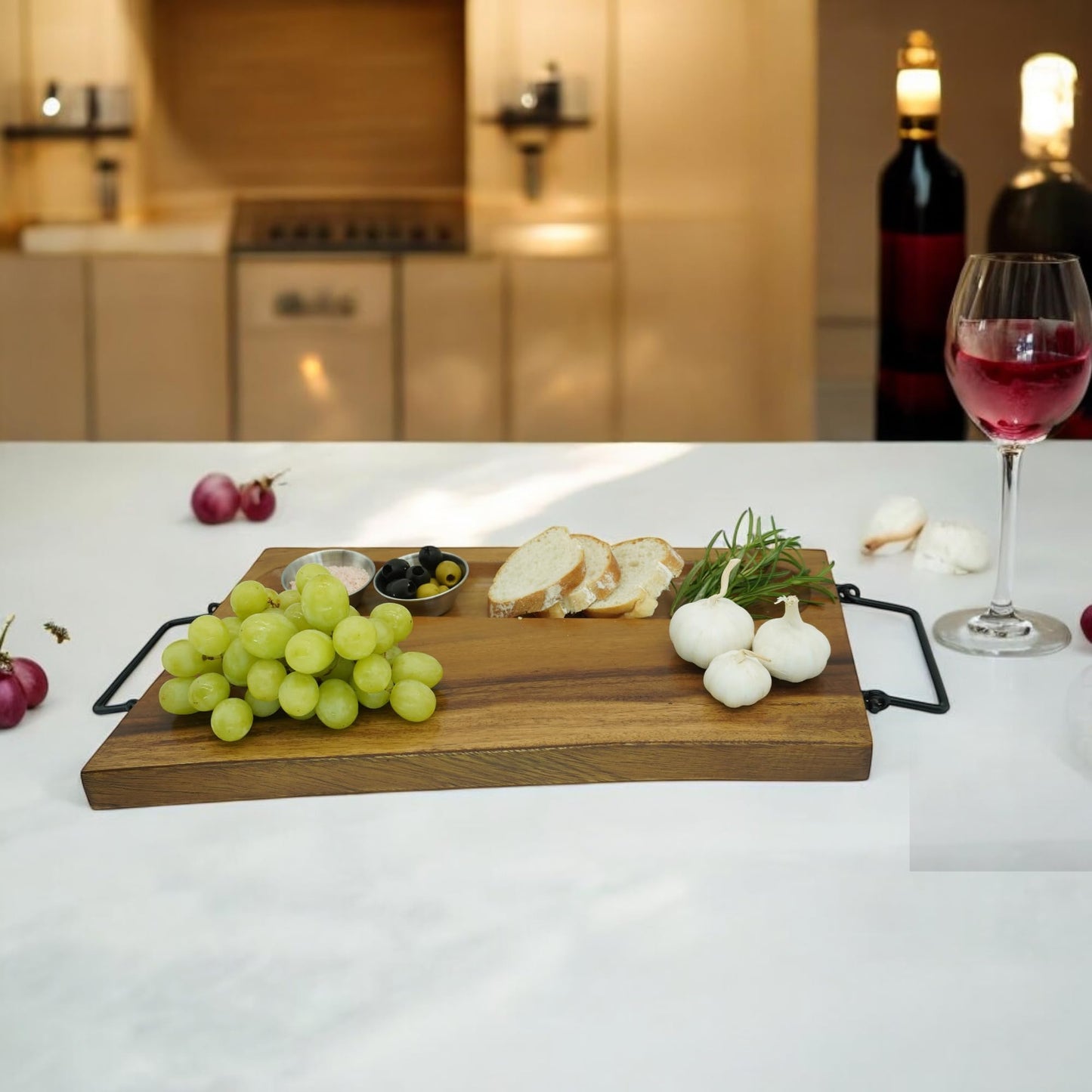 Wood Kitchen Cutting Serving Charcuterie Board with Handle, Handmade, Solid, Joint Free, Double-Sided, Continuous Beautiful Wood Grains