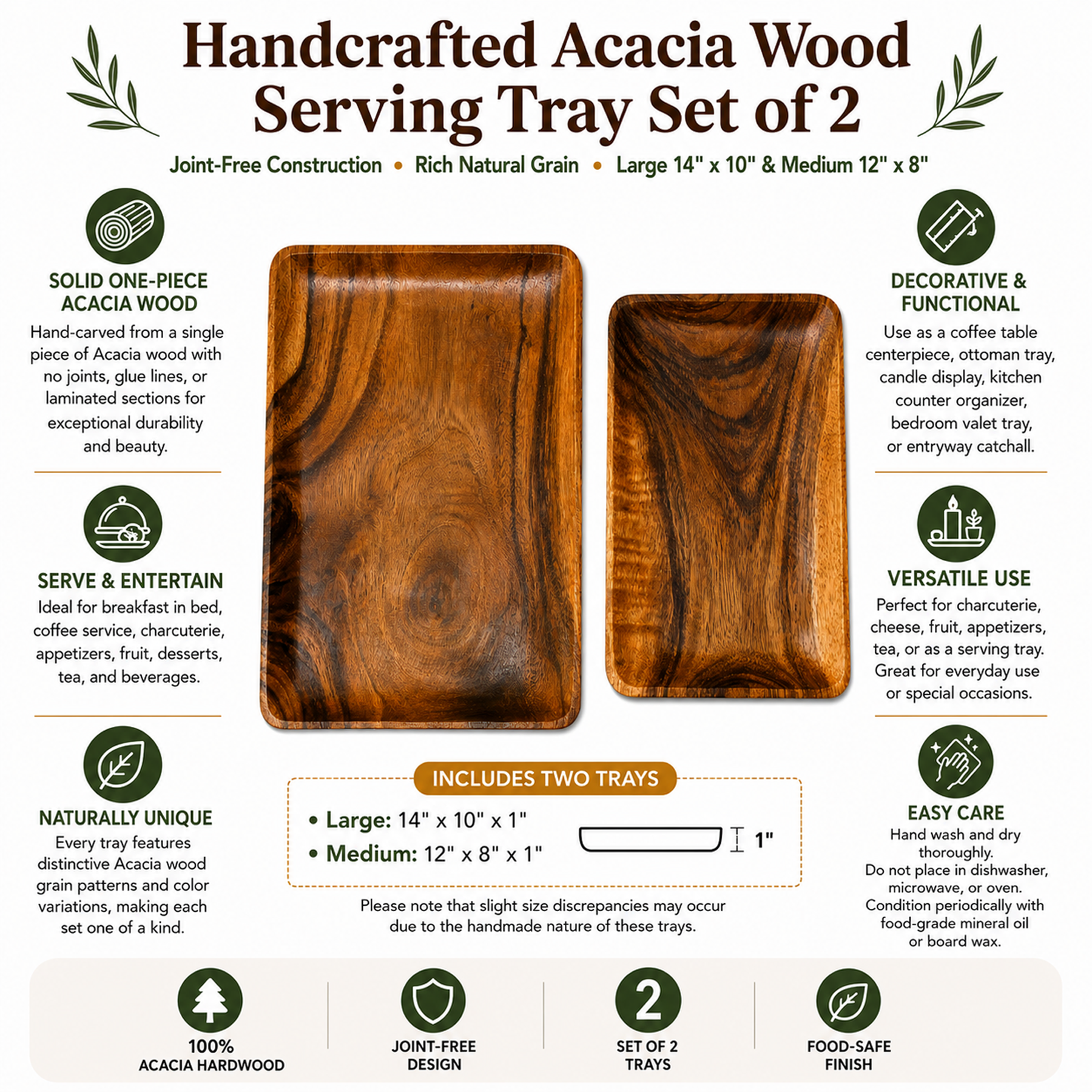 Handcrafted Acacia Wood Serving Tray Set of 2 - features