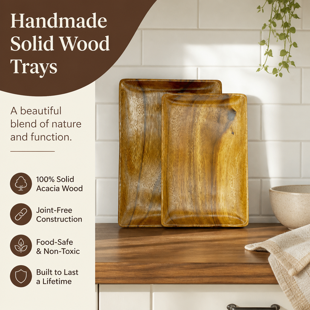 Handmade solid wood trays on kitchen counter