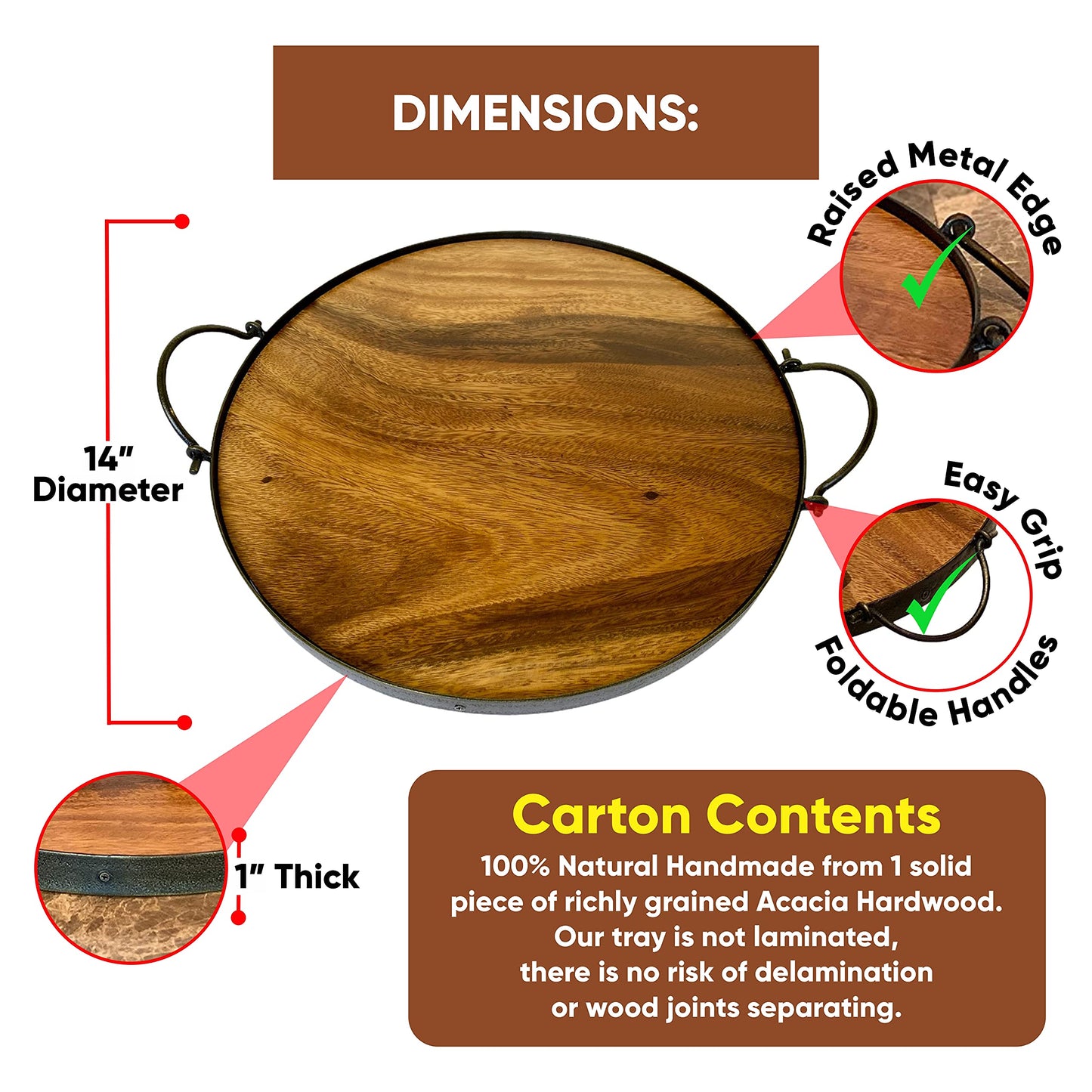 Wrightmart Acacia Wood Cheese Tray and Serving Board with Handles – Large Round Charcuterie Circle Board, Hardwood Platter for Entertaining and Serving, 14" Diameter