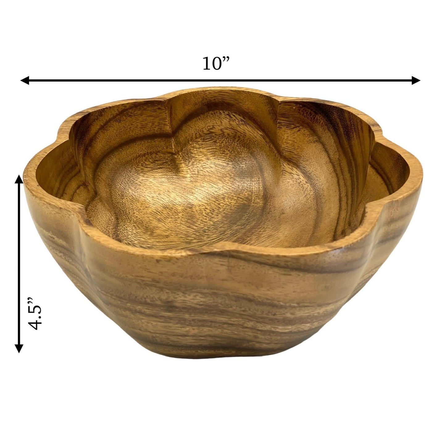 WRIGHTMART Round Wood Serving Bowl, for Food, Salad, Fruit, Popcorn, Decorative Display, Hand Turned Acacia Dinnerware, Scalloped Shaped, for the Dining Table and Kitchen