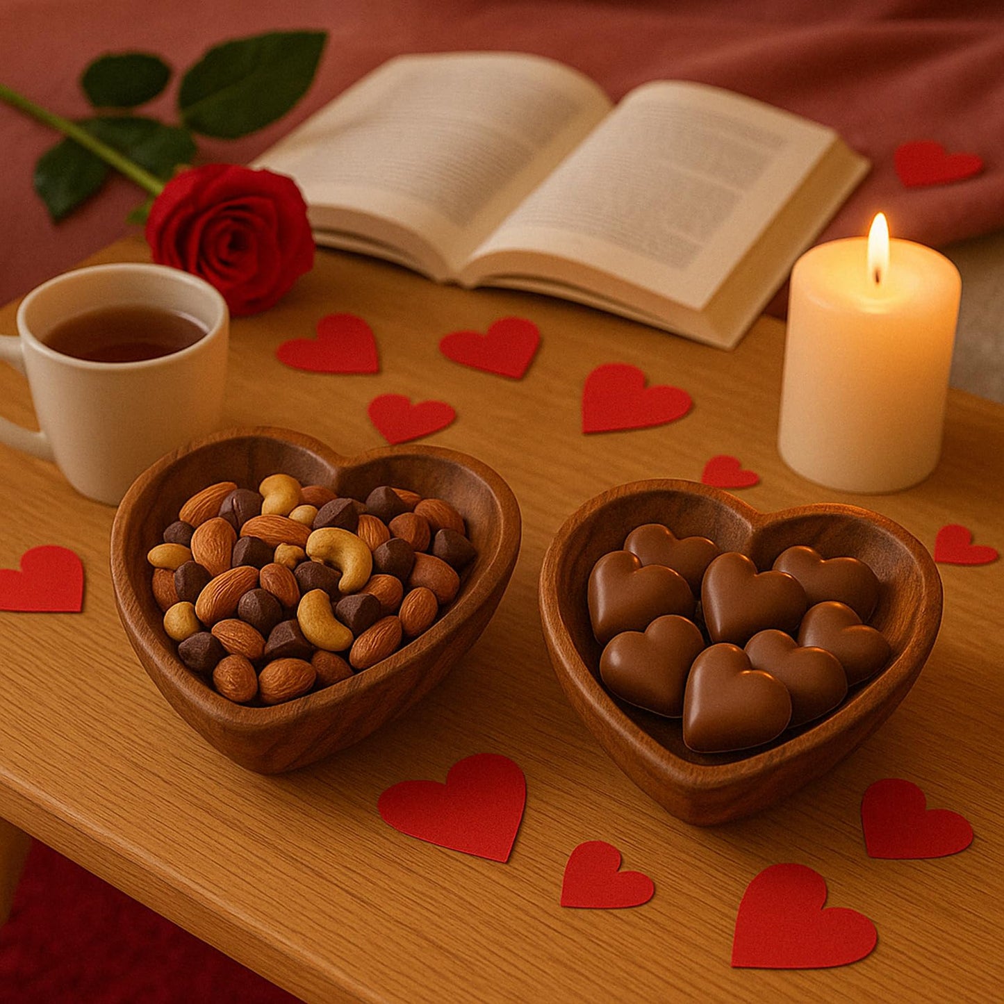 WRIGHTMART Wooden Bowl Set of 2, Heart Shaped, Versatile Bowls for Serving Salads, Nut Mixes, or as Catchall for Jewelry, Rings, and Coins, Durable Acacia Wood Construction, Handcarved