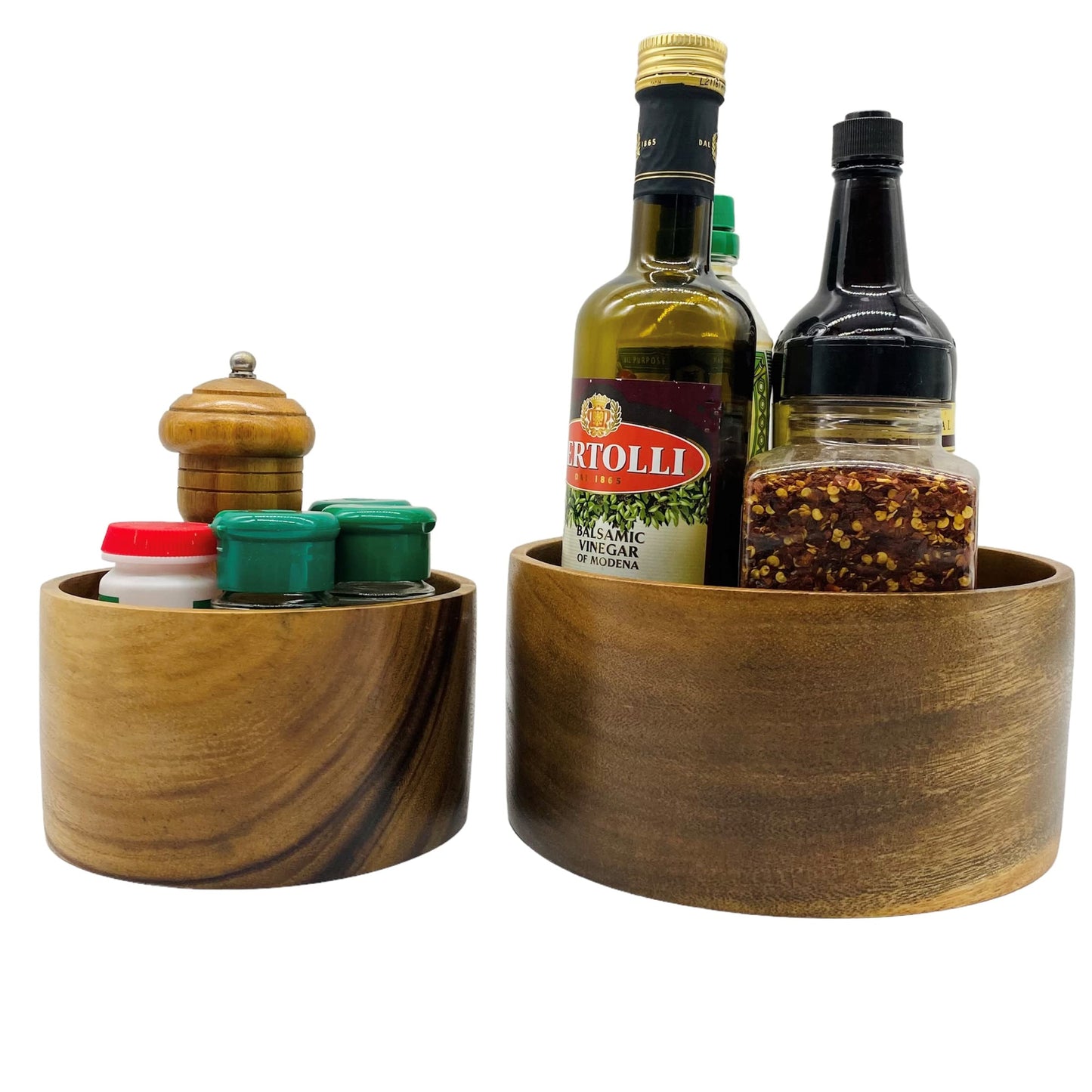 WRIGHTMART Round Wood Serving Bowl Set of 2, Durable Solid Acacia Wooden Bowls for Food, Condiment Storage, Salad, Snack, Nuts, Bread, Popcorn, Cylindrical Hand Turned, Bowl Size: 8" x 4" & 6" x 3.5"