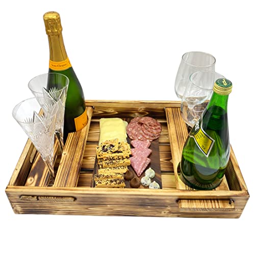 Wrightmart Wood Serving Tray with Wine Bottle and Glass Holder, Acacia Charcuterie Board, Burnt Pine Finish - Holds 2 Bottles and 4 Glasses, Fits Champagne Size Bottle