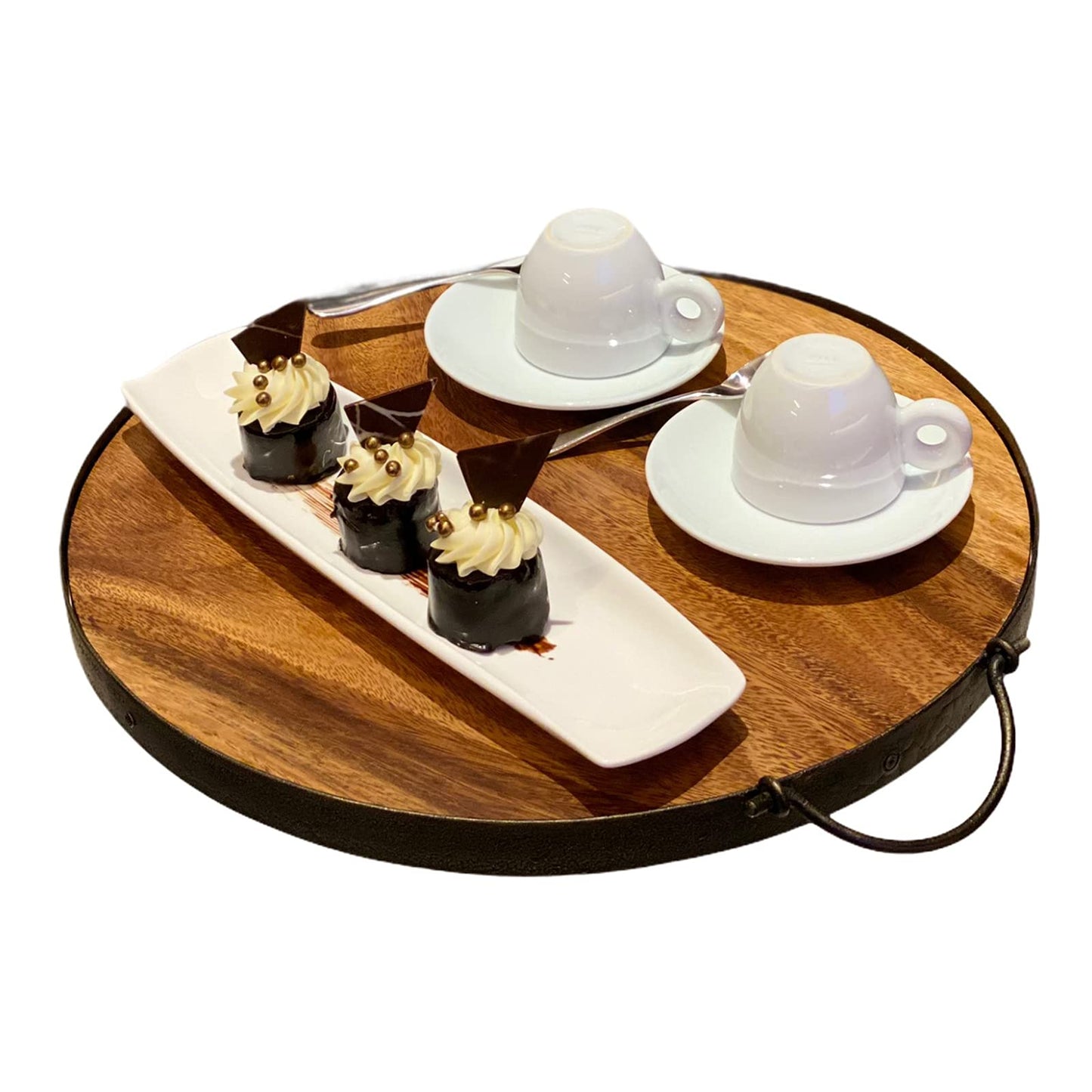 Wrightmart Acacia Wood Cheese Tray and Serving Board with Handles – Large Round Charcuterie Circle Board, Hardwood Platter for Entertaining and Serving, 14" Diameter