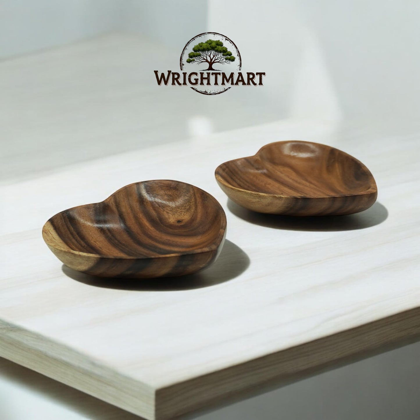 WRIGHTMART Wooden Bowl Set of 2, Heart Shaped, Versatile Bowls for Serving Salads, Nut Mixes, or as Catchall for Jewelry, Rings, and Coins, Durable Acacia Wood Construction, Handcarved