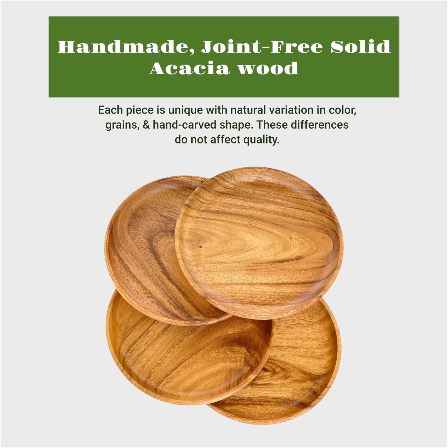 WRIGHTMART Wooden Plates, Set of 4 Wood Servers, Dinnerware Handcrafted of Acacia Hardwood, Versatile Tableware, for Dinner, Lunch, Breakfast, Charger Plate, Platter, Natural