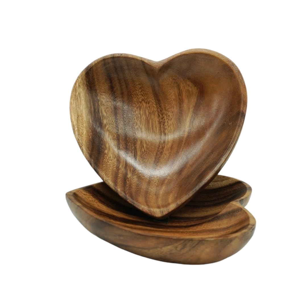 WRIGHTMART Wooden Bowl Set of 2, Heart Shaped, Versatile Bowls for Serving Salads, Nut Mixes, or as Catchall for Jewelry, Rings, and Coins, Durable Acacia Wood Construction, Handcarved
