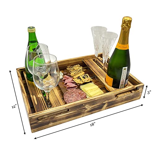 Wrightmart Wood Serving Tray with Wine Bottle and Glass Holder, Acacia Charcuterie Board, and Cut-Out Handles - Holds 2 Bottles and 4 Glasses, Fits Champagne Size Bottle