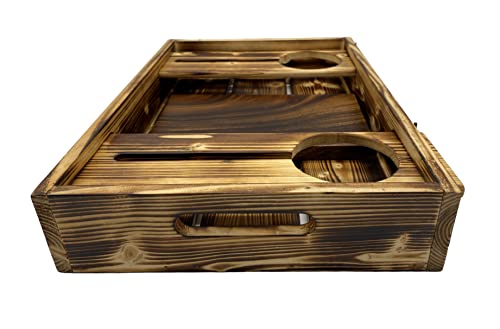 Wrightmart Wood Serving Tray with Wine Bottle and Glass Holder, Acacia Charcuterie Board, and Cut-Out Handles - Holds 2 Bottles and 4 Glasses, Fits Champagne Size Bottle