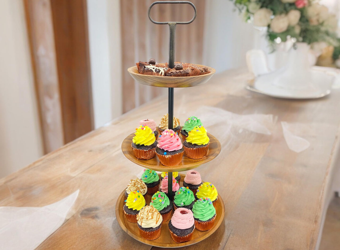 Wrightmart Acacia Wood Cheese Tray and Serving Board with Handles – Large Round Charcuterie Circle Board, Hardwood Platter for Entertaining and Serving, 14" Diameter