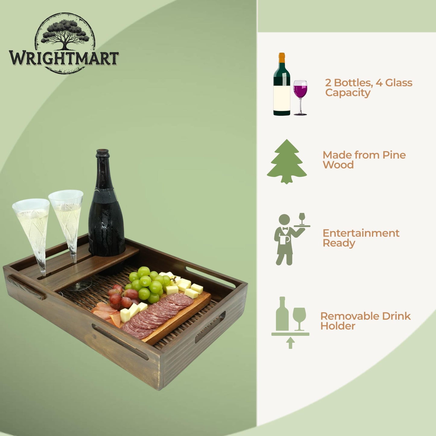 Wrightmart Wood Serving Tray with Wine Bottle and Glass Holder, Acacia Charcuterie Board, and Cut-Out Handles - Holds 2 Bottles and 4 Glasses, Fits Champagne Size Bottle