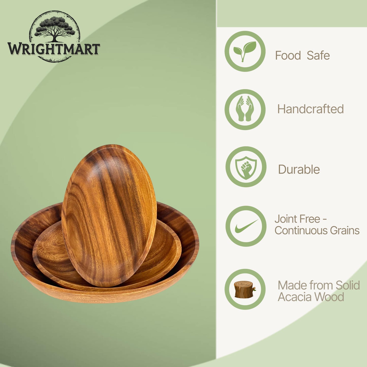 WRIGHTMART Oval Acacia Wood Serving Bowl Set of 3, Handcrafted, Rustic, Durable, Sustainably Sourced, Salad or Fruit Bowl for Kitchen Counter, Decorative Tabletop Centrepiece, 1 Large, 2 Small Bowl