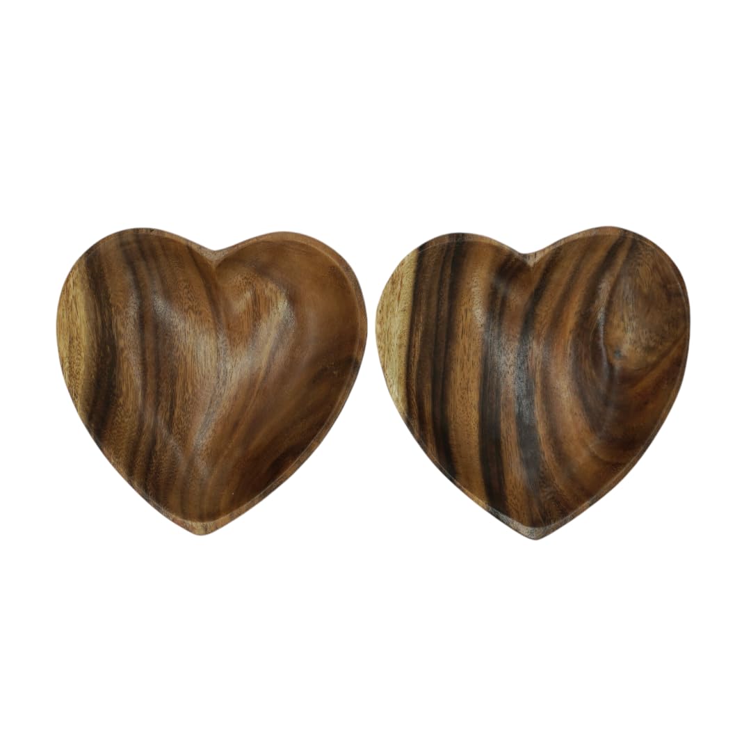 WRIGHTMART Wooden Bowl Set of 2, Heart Shaped, Versatile Bowls for Serving Salads, Nut Mixes, or as Catchall for Jewelry, Rings, and Coins, Durable Acacia Wood Construction, Handcarved