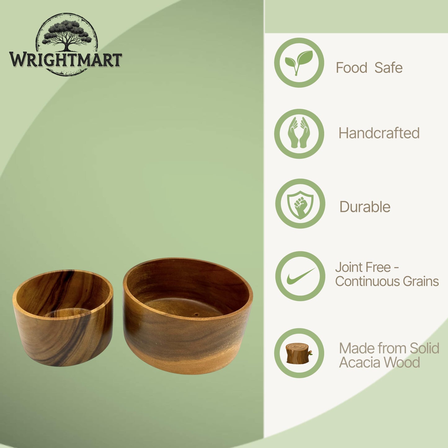 WRIGHTMART Round Wood Serving Bowl Set of 2, Durable Solid Acacia Wooden Bowls for Food, Condiment Storage, Salad, Snack, Nuts, Bread, Popcorn, Cylindrical Hand Turned, Bowl Size: 8" x 4" & 6" x 3.5"