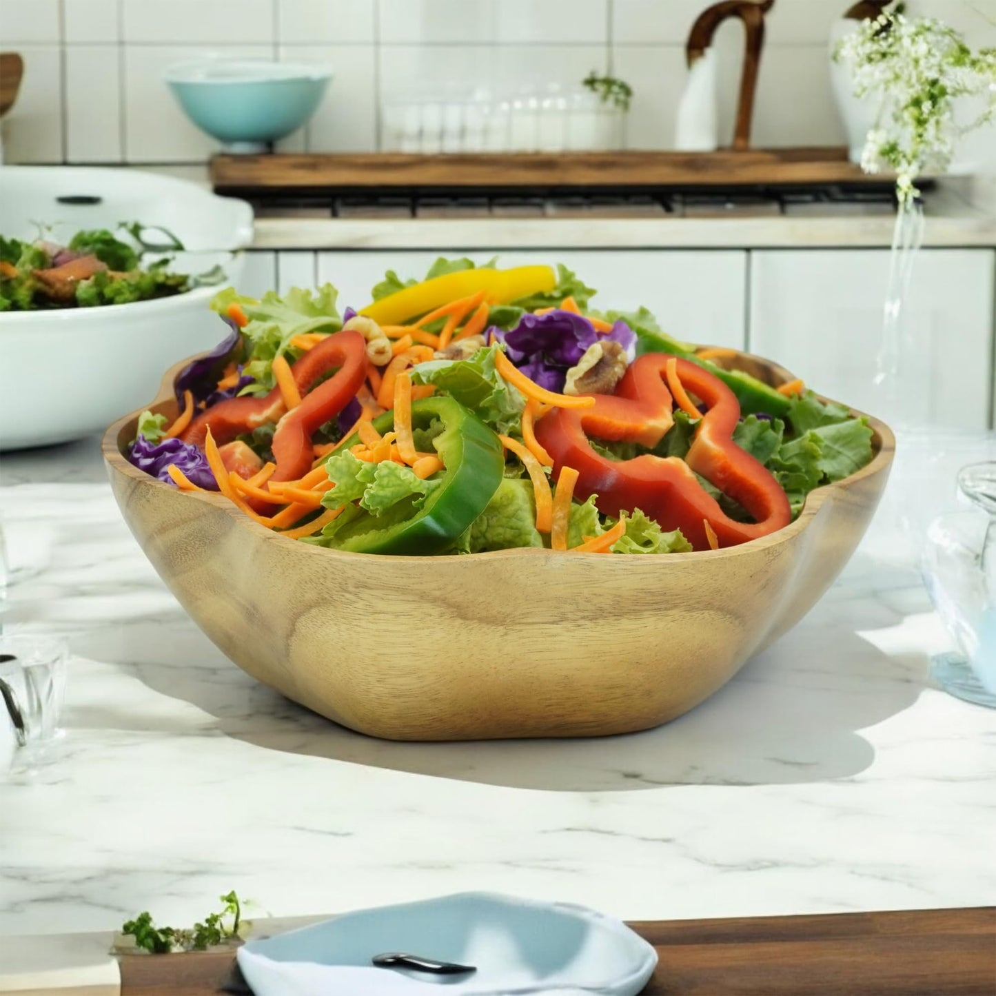 WRIGHTMART Round Wood Serving Bowl, for Food, Salad, Fruit, Popcorn, Decorative Display, Hand Turned Acacia Dinnerware, Scalloped Shaped, for the Dining Table and Kitchen