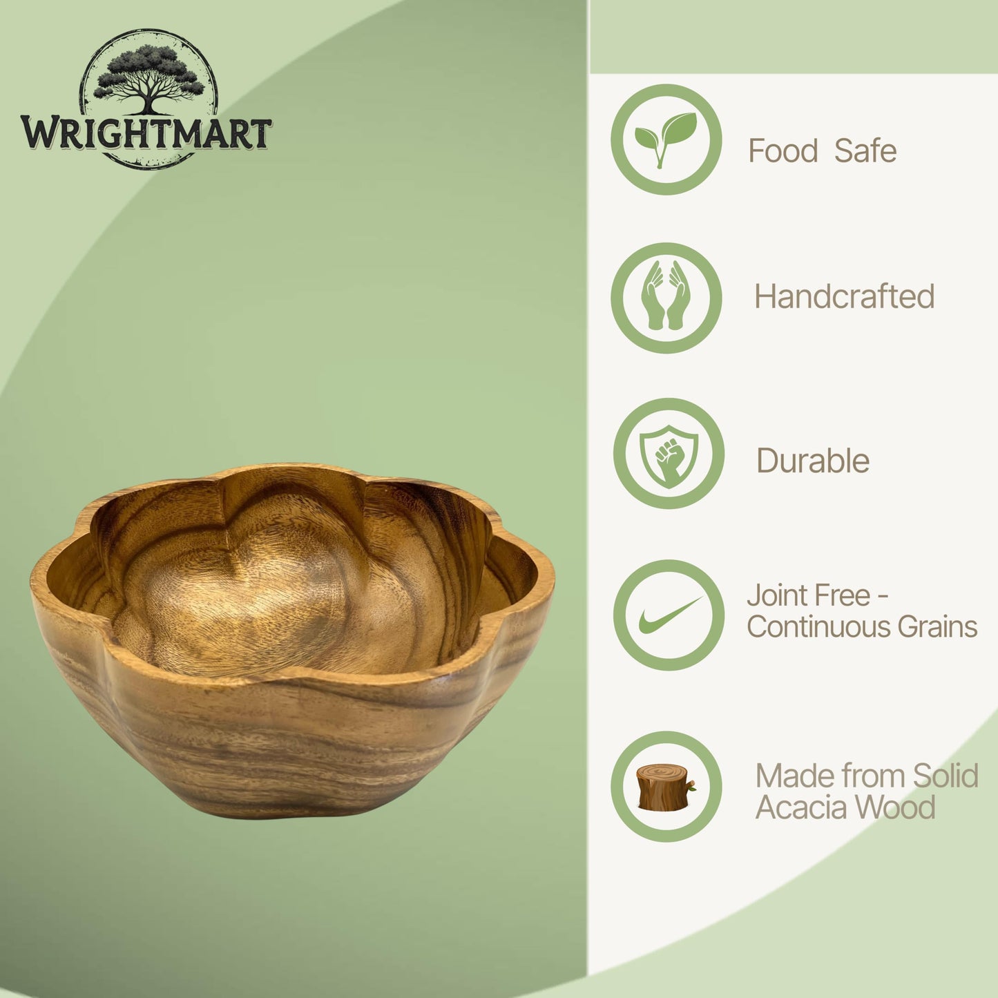 WRIGHTMART Round Wood Serving Bowl, for Food, Salad, Fruit, Popcorn, Decorative Display, Hand Turned Acacia Dinnerware, Scalloped Shaped, for the Dining Table and Kitchen