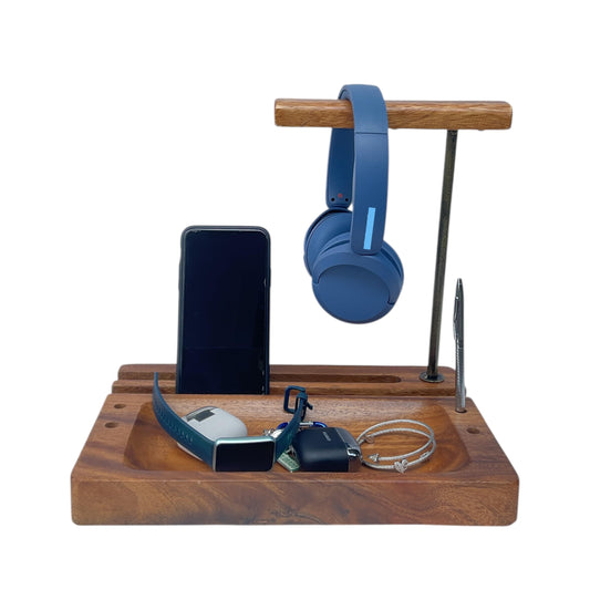 WRIGHTMART Wooden Headphone, Cell Phone & iPad Holder, Acacia Wood Multi-Device Desk Organizer, Compatible with Bose, Beats, Sony, Sennheiser