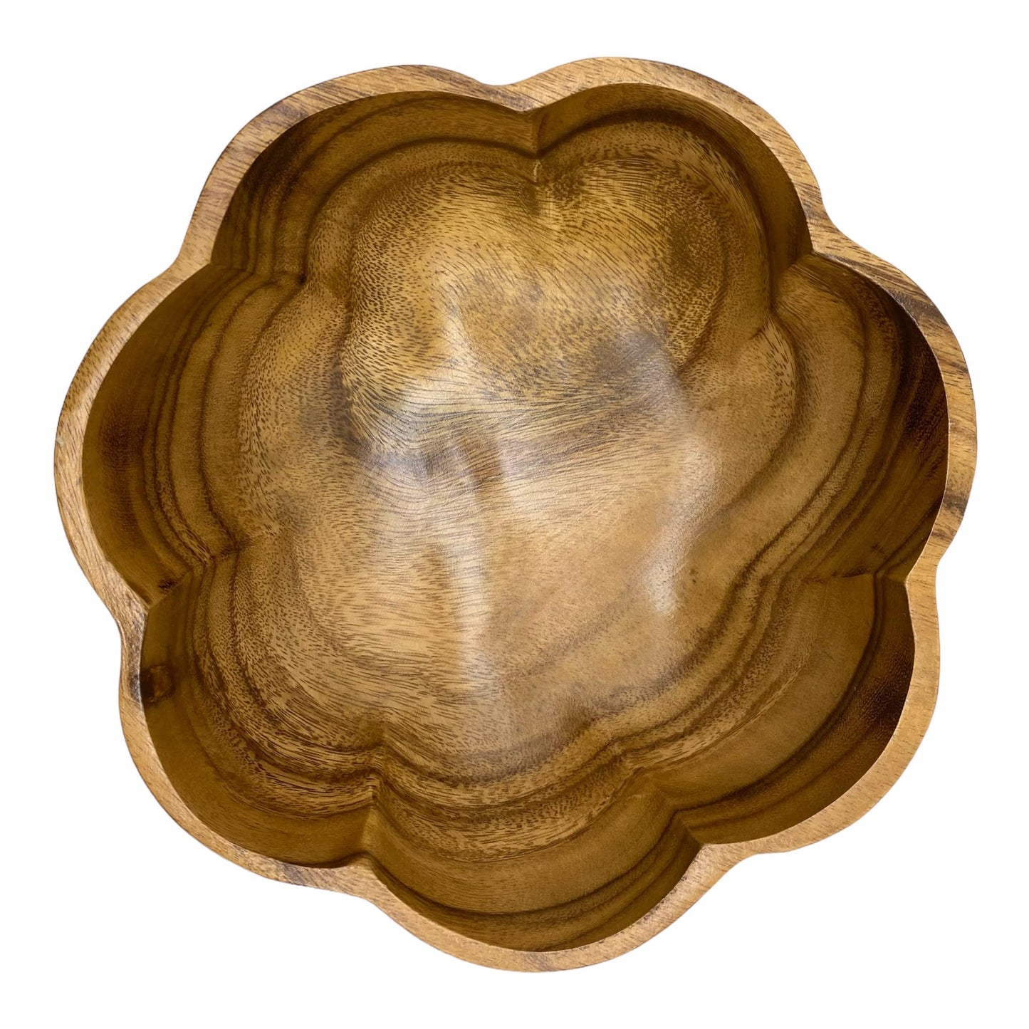 WRIGHTMART Round Wood Serving Bowl, for Food, Salad, Fruit, Popcorn, Decorative Display, Hand Turned Acacia Dinnerware, Scalloped Shaped, for the Dining Table and Kitchen