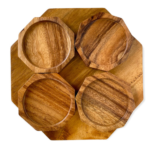 Wrigthmart Tray-Platter-Cutting-Serving Board, Multipurpose, use as a Trivet, Charger, Stand for Hot Dishes, Decorative, Includes 4 Octagonal Coasters, Acacia Wood