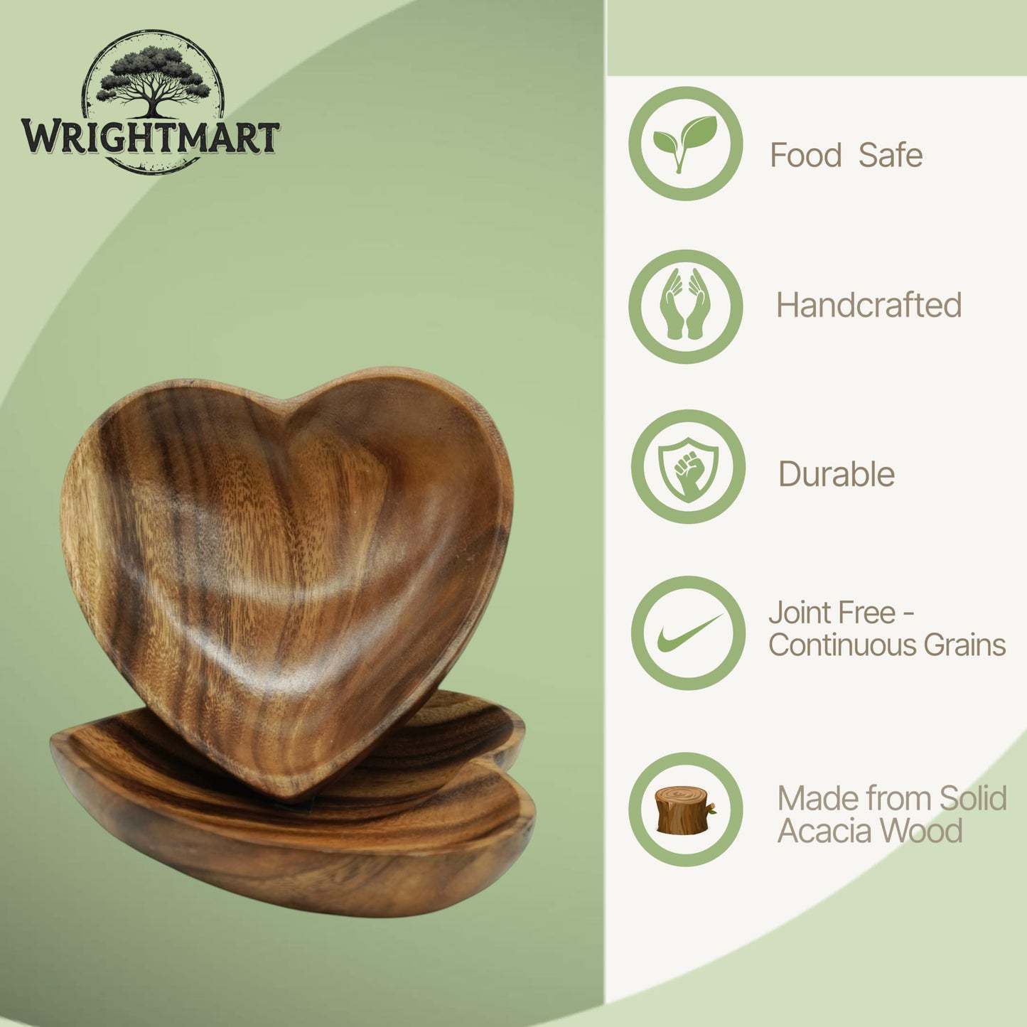 WRIGHTMART Wooden Bowl Set of 2, Heart Shaped, Versatile Bowls for Serving Salads, Nut Mixes, or as Catchall for Jewelry, Rings, and Coins, Durable Acacia Wood Construction, Handcarved