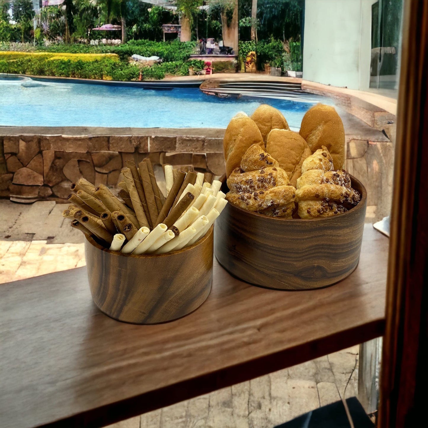 WRIGHTMART Round Wood Serving Bowl Set of 2, Durable Solid Acacia Wooden Bowls for Food, Condiment Storage, Salad, Snack, Nuts, Bread, Popcorn, Cylindrical Hand Turned, Bowl Size: 8" x 4" & 6" x 3.5"