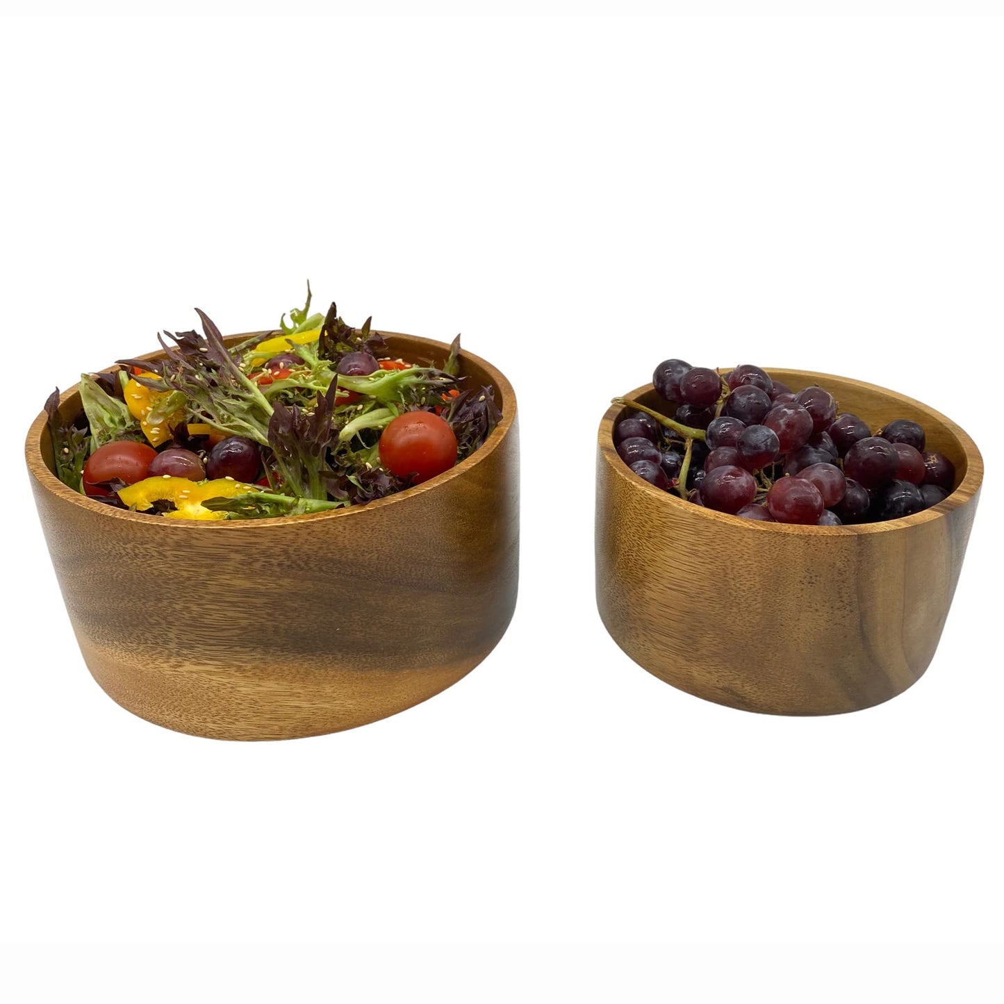 WRIGHTMART Round Wood Serving Bowl Set of 2, Durable Solid Acacia Wooden Bowls for Food, Condiment Storage, Salad, Snack, Nuts, Bread, Popcorn, Cylindrical Hand Turned, Bowl Size: 8" x 4" & 6" x 3.5"