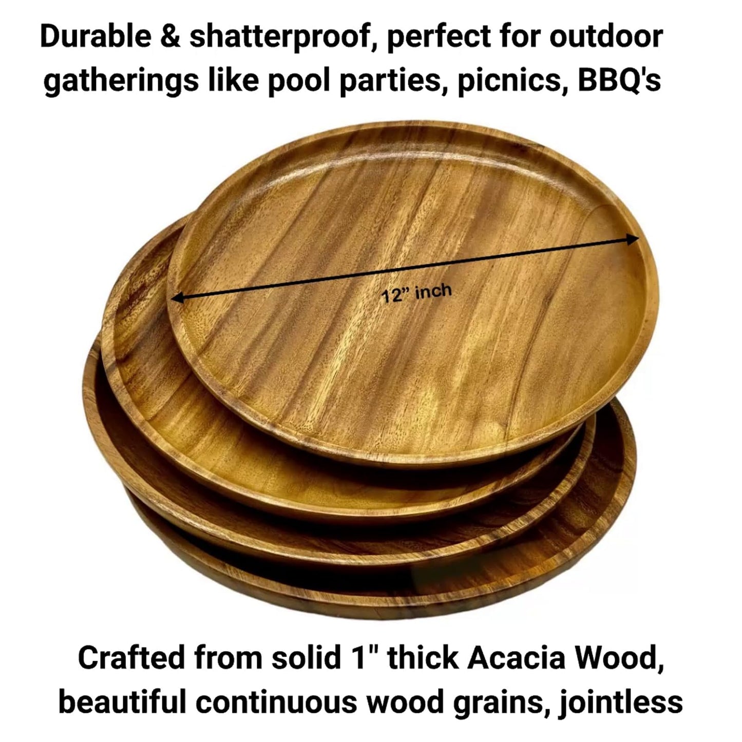 WRIGHTMART Wooden Plates, Set of 4 Wood Servers, Dinnerware Handcrafted of Acacia Hardwood, Versatile Tableware, for Dinner, Lunch, Breakfast, Charger Plate, Platter, Natural