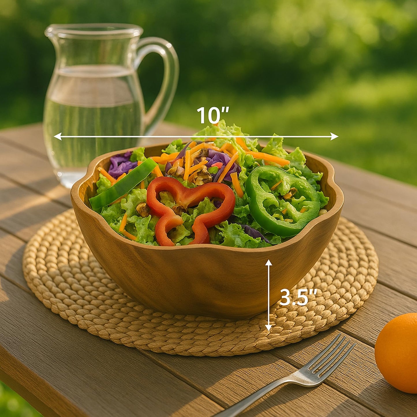 WRIGHTMART Round Wood Serving Bowl, for Food, Salad, Fruit, Popcorn, Decorative Display, Hand Turned Acacia Dinnerware, Scalloped Shaped, for the Dining Table and Kitchen