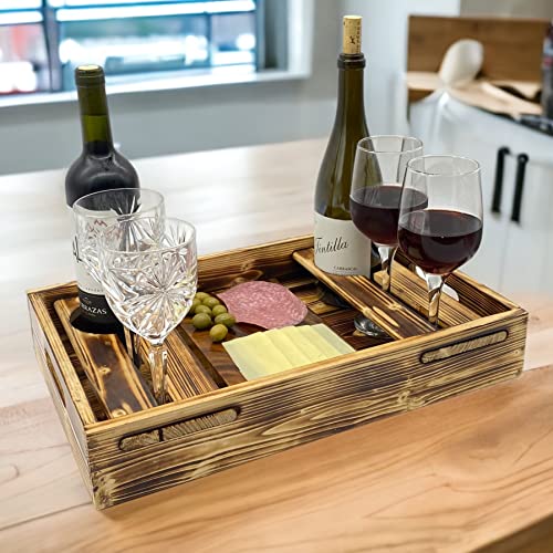 Wrightmart Wood Serving Tray with Wine Bottle and Glass Holder, Acacia Charcuterie Board, and Cut-Out Handles - Holds 2 Bottles and 4 Glasses, Fits Champagne Size Bottle