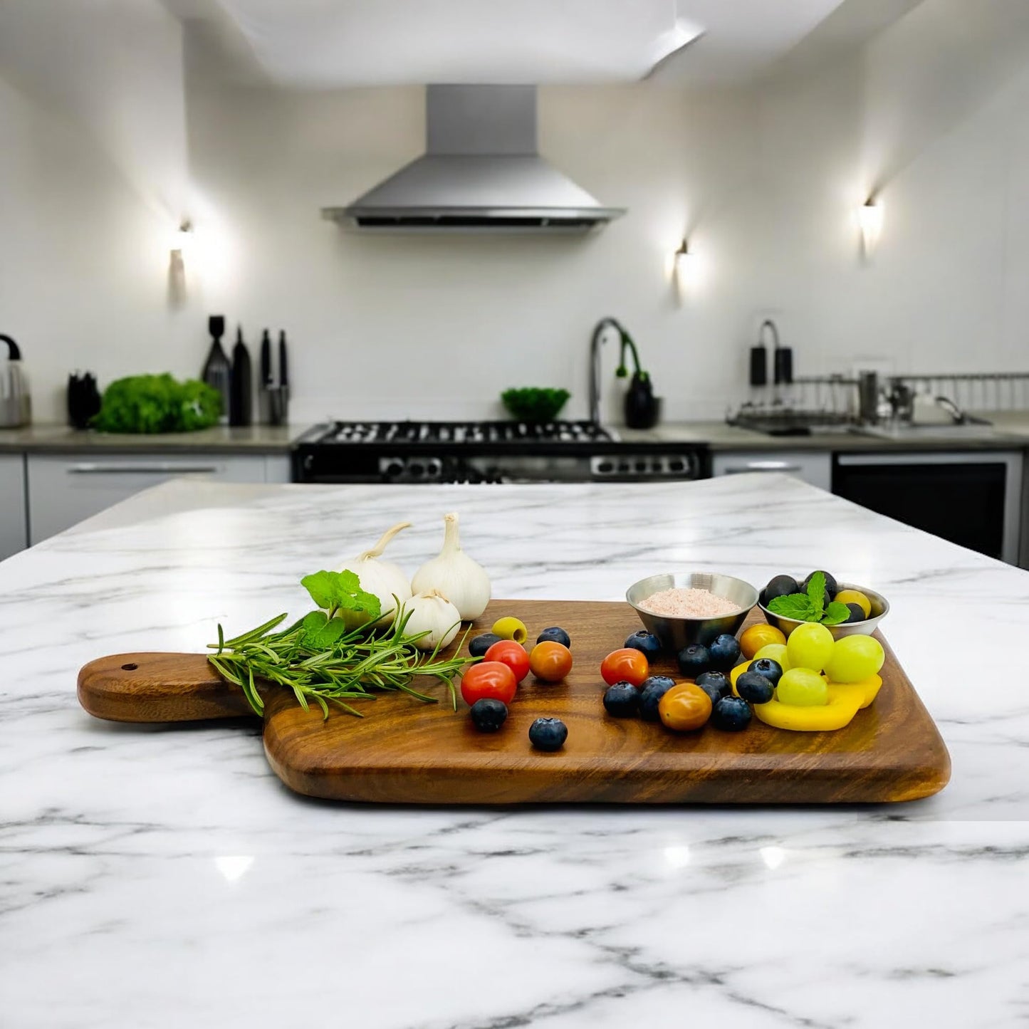 Wood Kitchen Cutting Serving Charcuterie Board with Handle, Handmade, Solid, Joint Free, Double-Sided, Continuous Beautiful Wood Grains