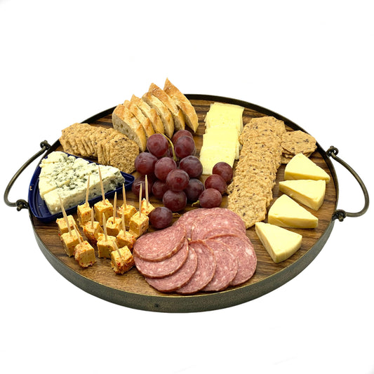 Wrightmart Acacia Wood Serving Tray – 14" Round Charcuterie Board with Handles, Solid Hardwood Platter for Entertaining and Serving
