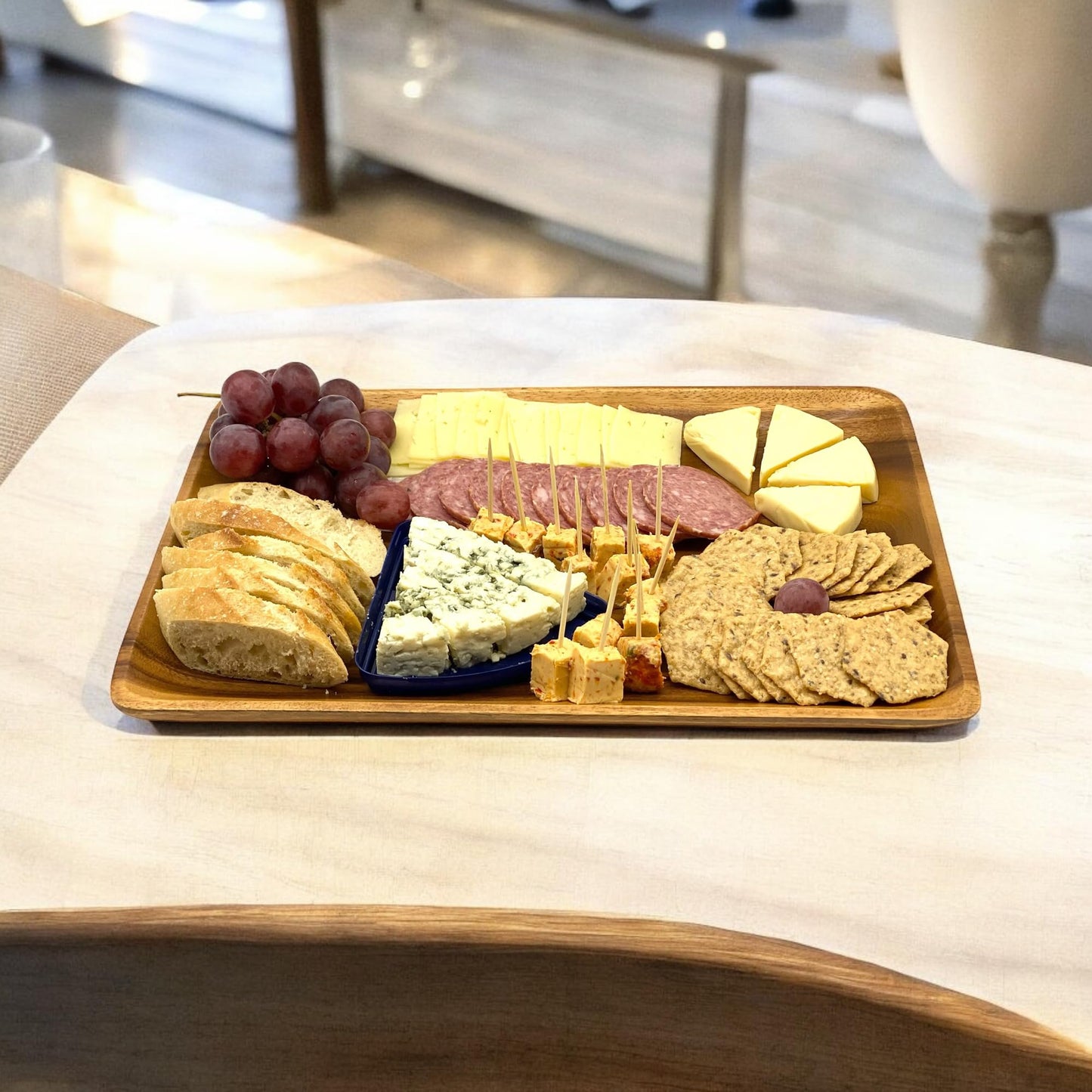Wrightmart Acacia Wood Cheese Tray and Serving Board with Handles – Large Round Charcuterie Circle Board, Hardwood Platter for Entertaining and Serving, 14" Diameter