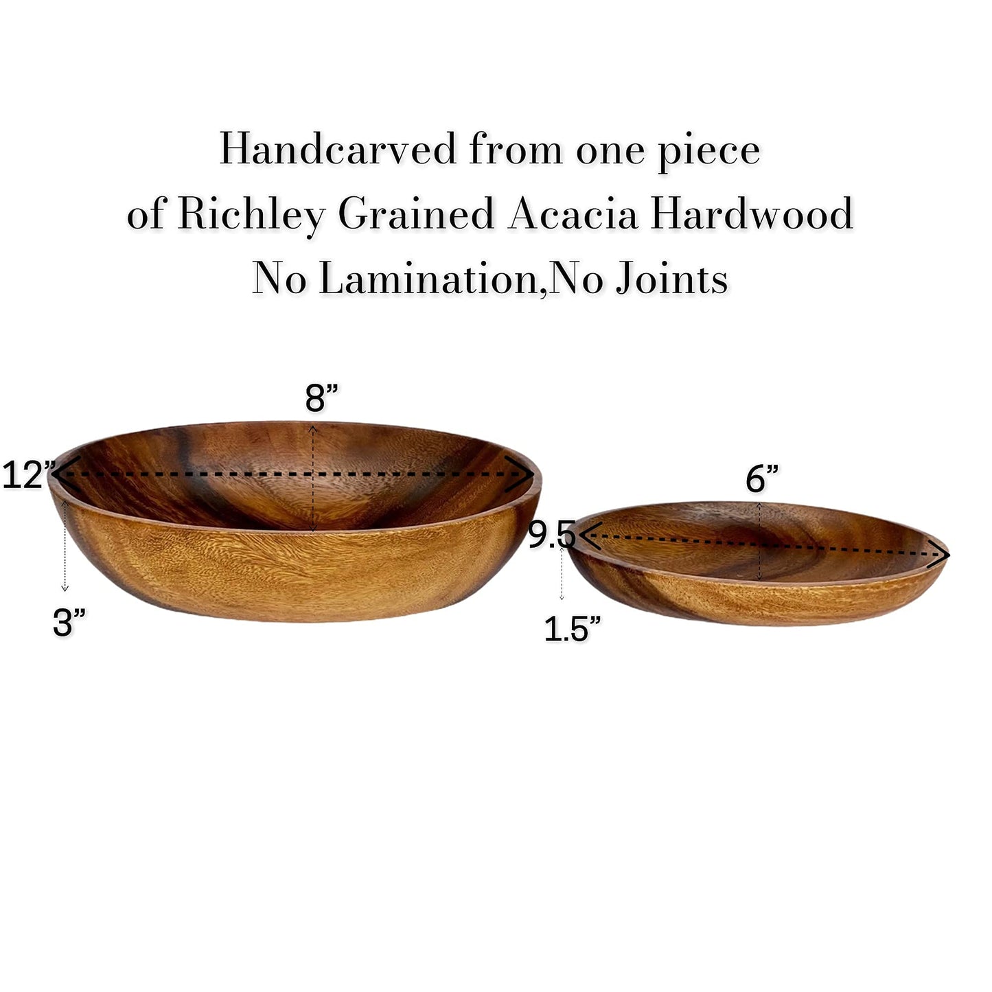 WRIGHTMART Oval Acacia Wood Serving Bowl Set of 3, Handcrafted, Rustic, Durable, Sustainably Sourced, Salad or Fruit Bowl for Kitchen Counter, Decorative Tabletop Centrepiece, 1 Large, 2 Small Bowl