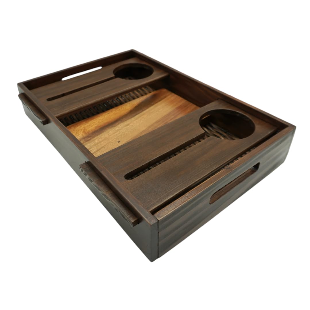 Wrightmart Wood Serving Tray with Wine Bottle and Glass Holder, Acacia Charcuterie Board, and Cut-Out Handles - Holds 2 Bottles and 4 Glasses, Fits Champagne Size Bottle