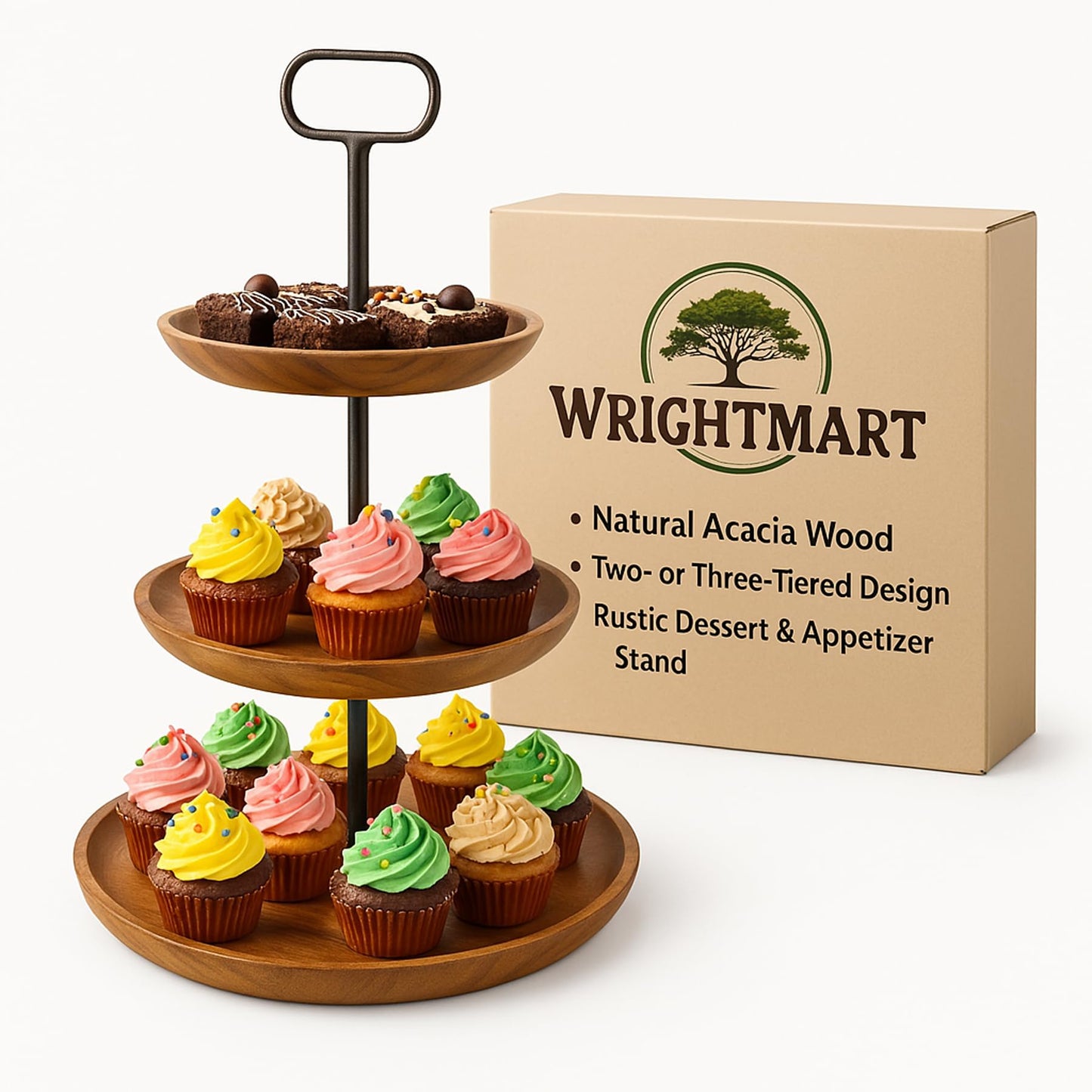 Wrightmart Acacia Wood Cheese Tray and Serving Board with Handles – Large Round Charcuterie Circle Board, Hardwood Platter for Entertaining and Serving, 14" Diameter