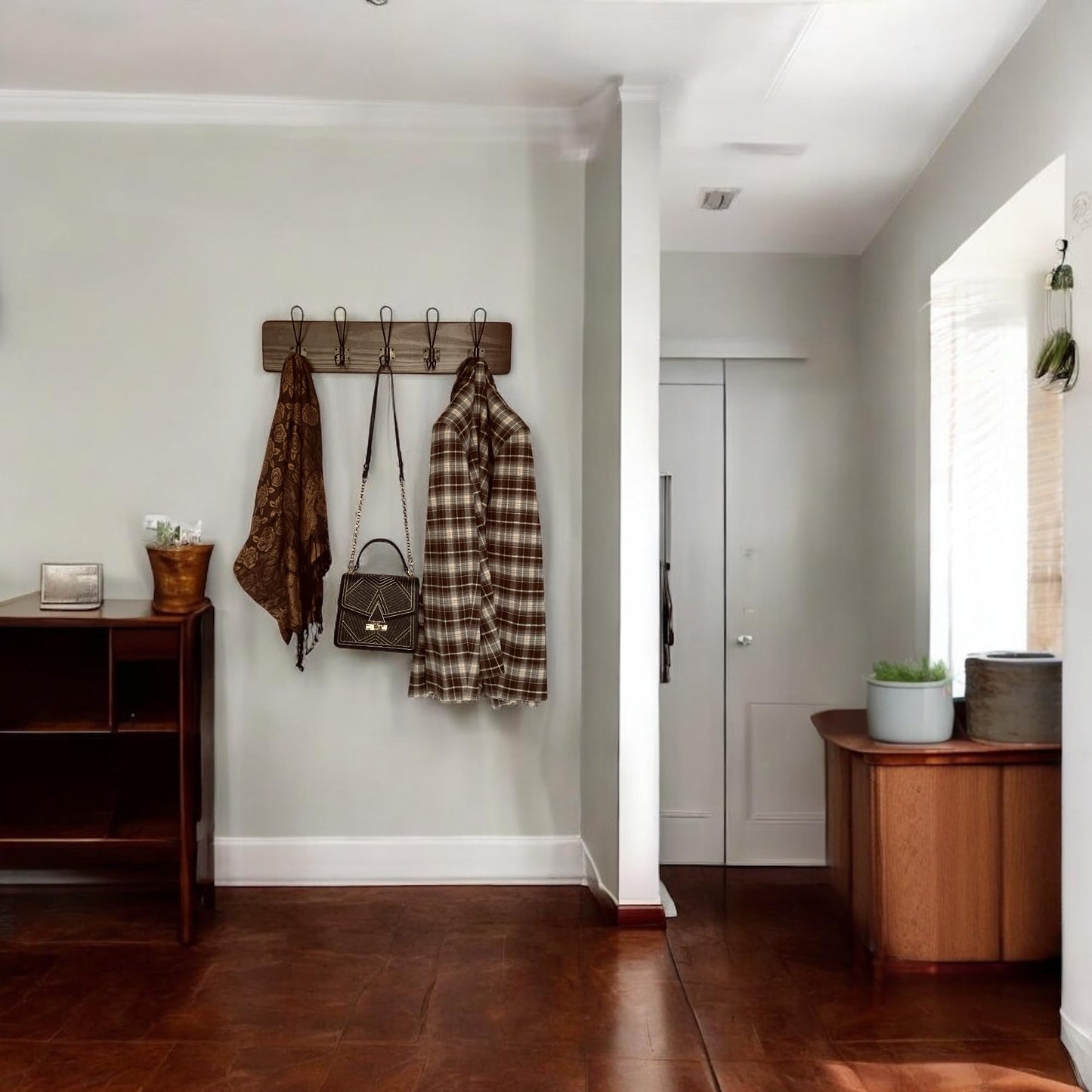 Rustic Farmhouse Wooden Coat Racks – Handcrafted Wall Mounted Hanger Racks with 4–5 Hooks in Reclaimed Wood, Mahogany & Pine, Perfect for Entryway, Hallway, Bedroom, or Bathroom