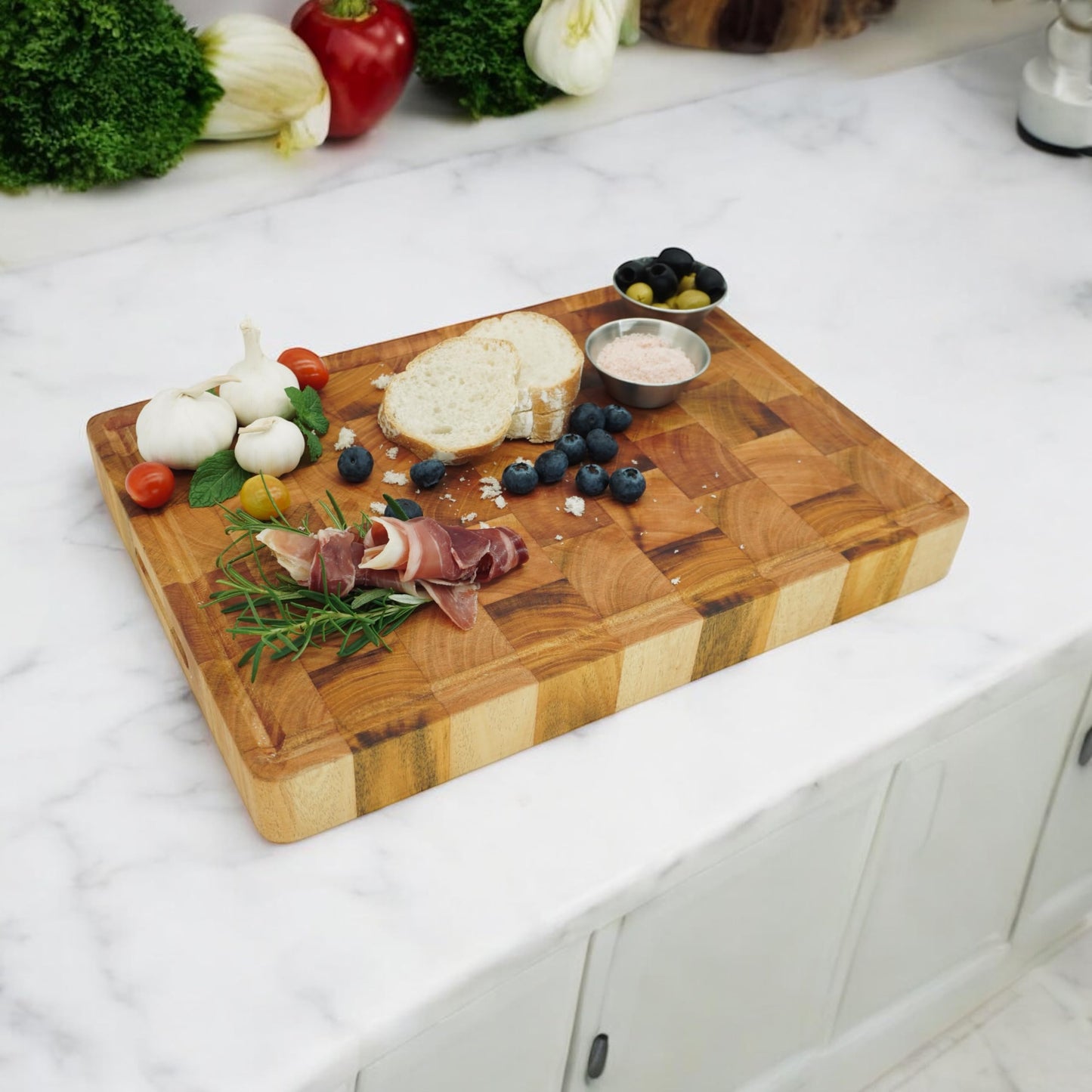 Wood Kitchen Cutting Serving Charcuterie Board with Handle, Handmade, Solid, Joint Free, Double-Sided, Continuous Beautiful Wood Grains