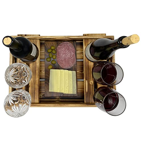 Wrightmart Wood Serving Tray with Wine Bottle and Glass Holder, Acacia Charcuterie Board, and Cut-Out Handles - Holds 2 Bottles and 4 Glasses, Fits Champagne Size Bottle