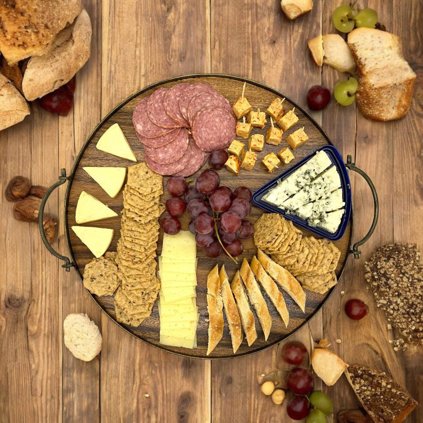 Wrightmart Acacia Wood Cheese Tray and Serving Board with Handles – Large Round Charcuterie Circle Board, Hardwood Platter for Entertaining and Serving, 14" Diameter