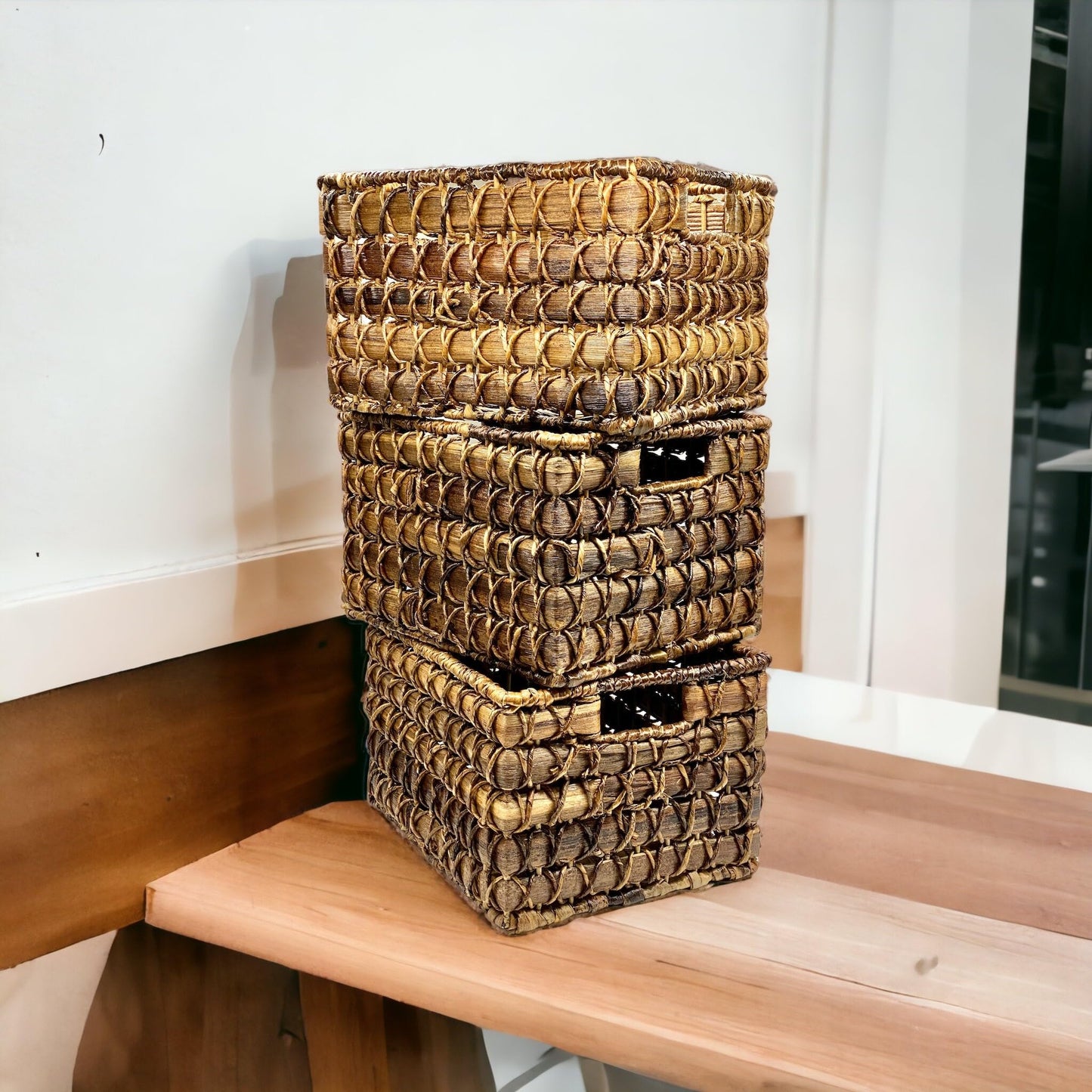 Wrightmart Storage Baskets, Natural Handwoven Seagrass Set of 3, Decorative Home Organizer for Shelves, Pantry, Living Room, Bedroom, Office (Natural Abaca Weave)